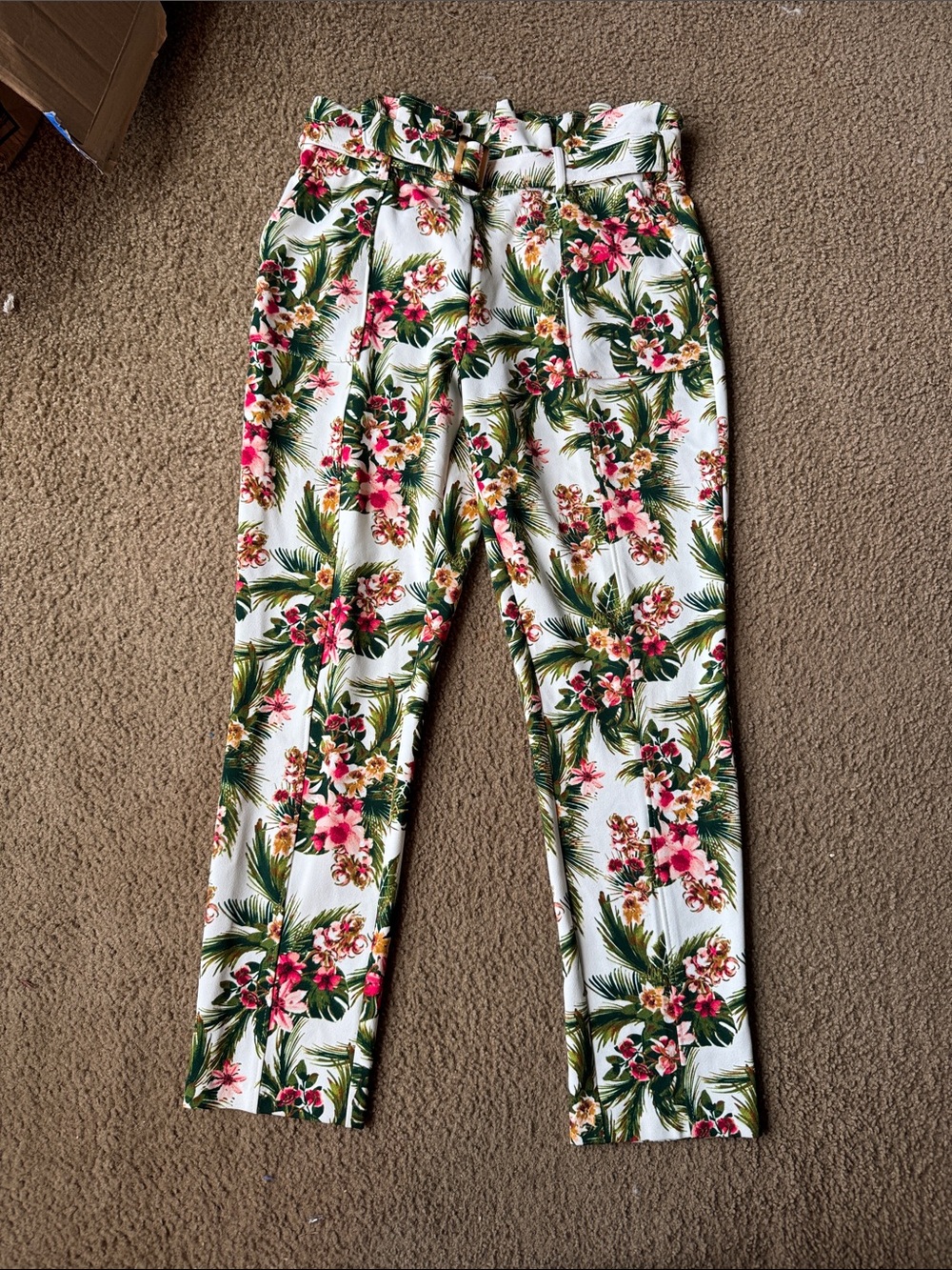 Cato White Tropical Floral Paperbag Waist Pants